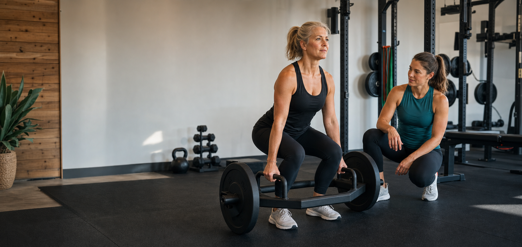 Pickleball strength training with a woman deadlifting while being coached at Align Fitness