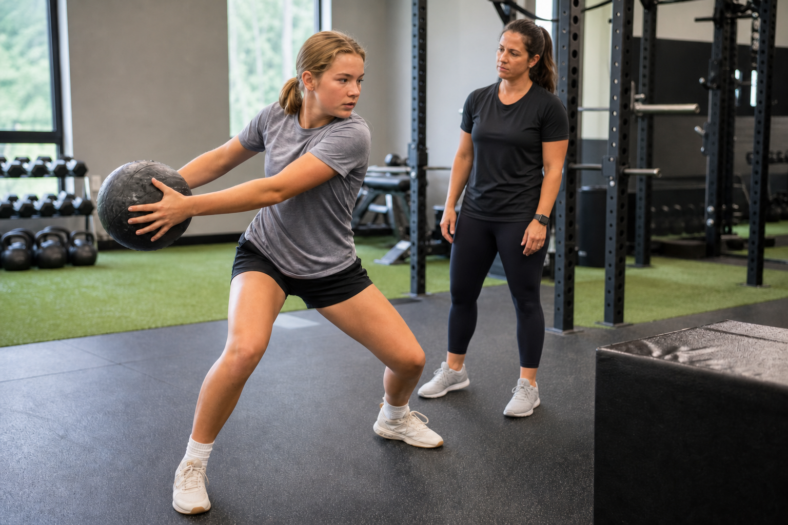 Softball strength training with rotational medicine ball power coaching at Align Fitness