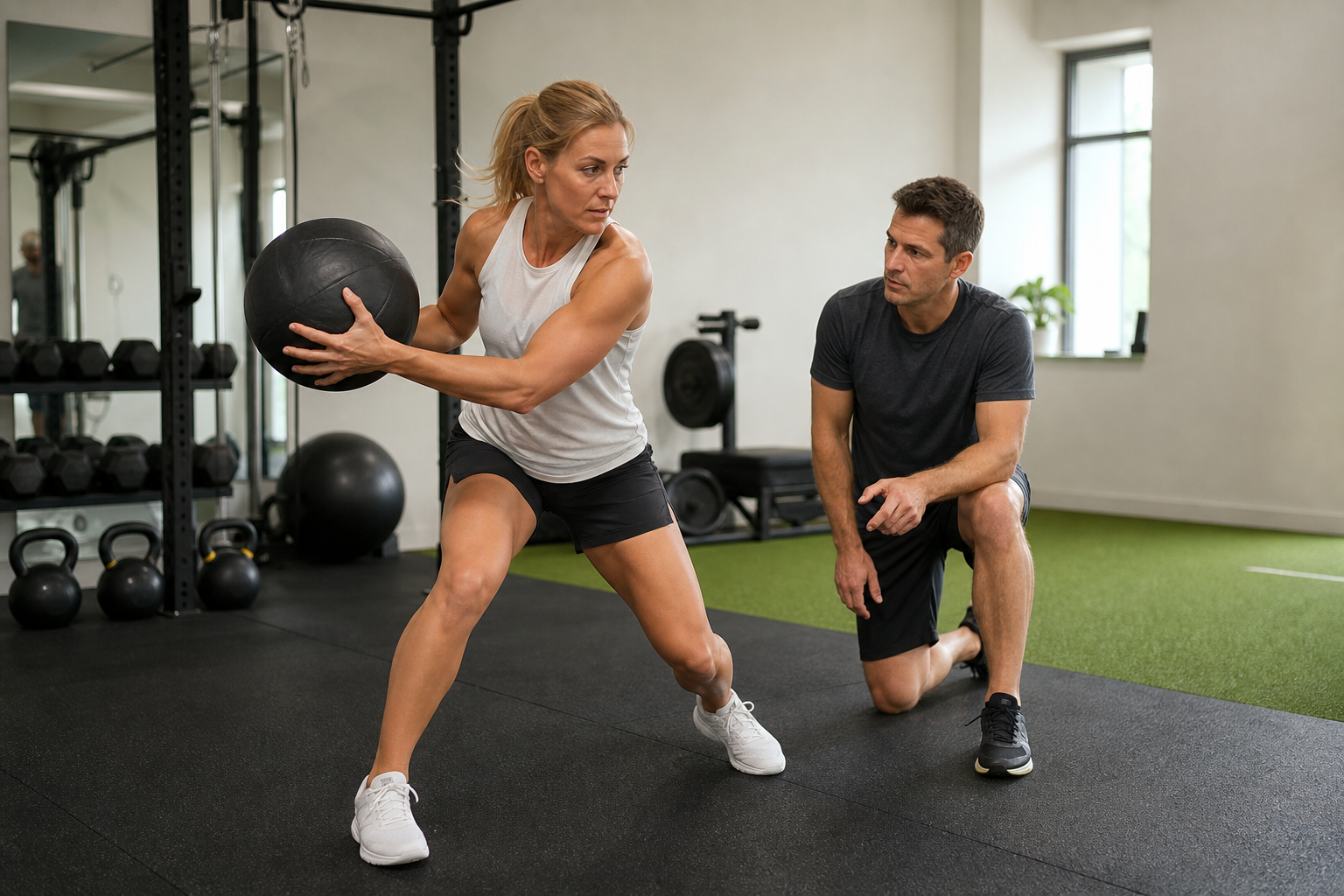Tennis strength training with rotational medicine ball power coaching at Align Fitness