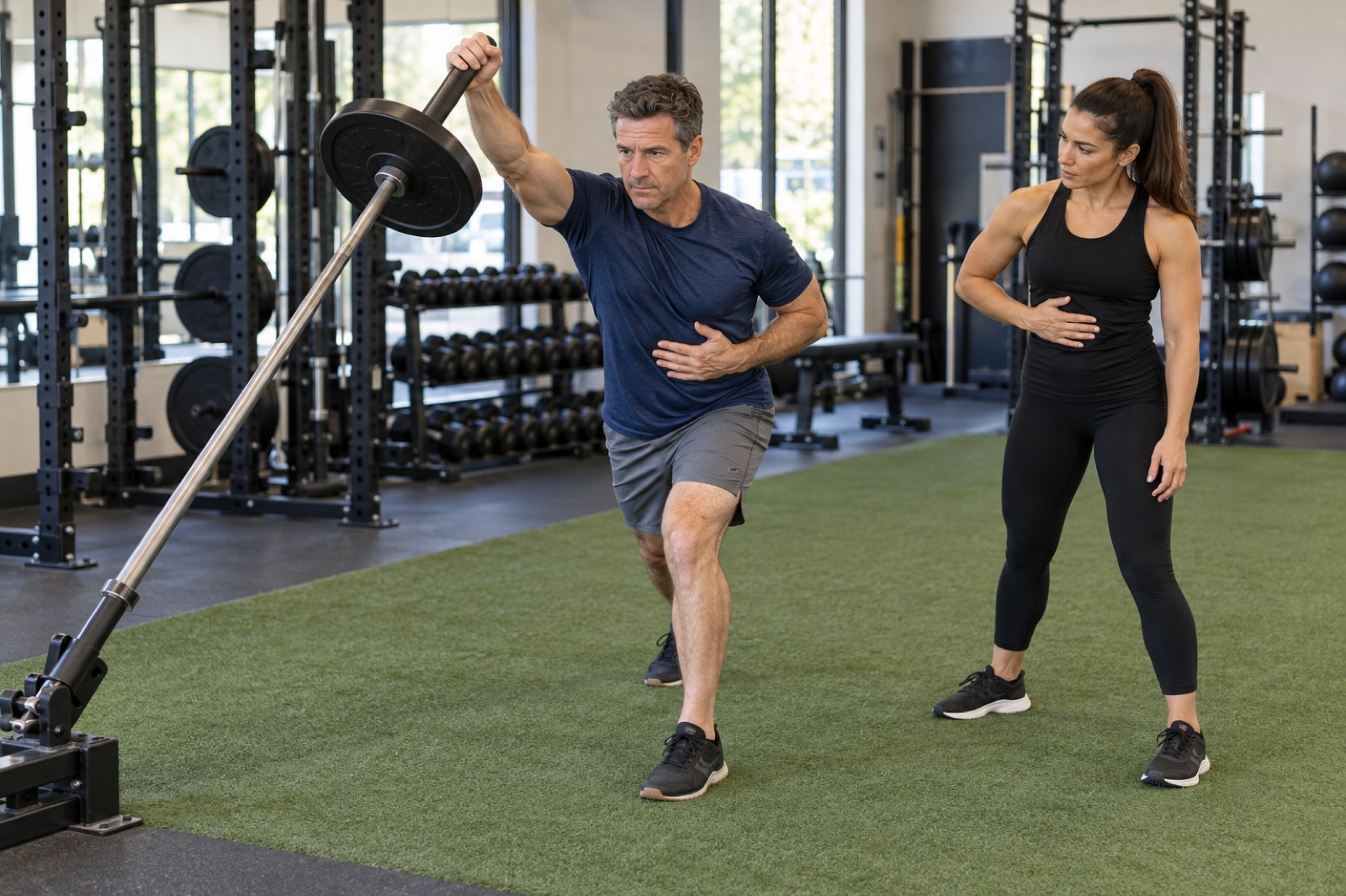 Coach observes a controlled landmine press for exercise with tennis elbow coaching.