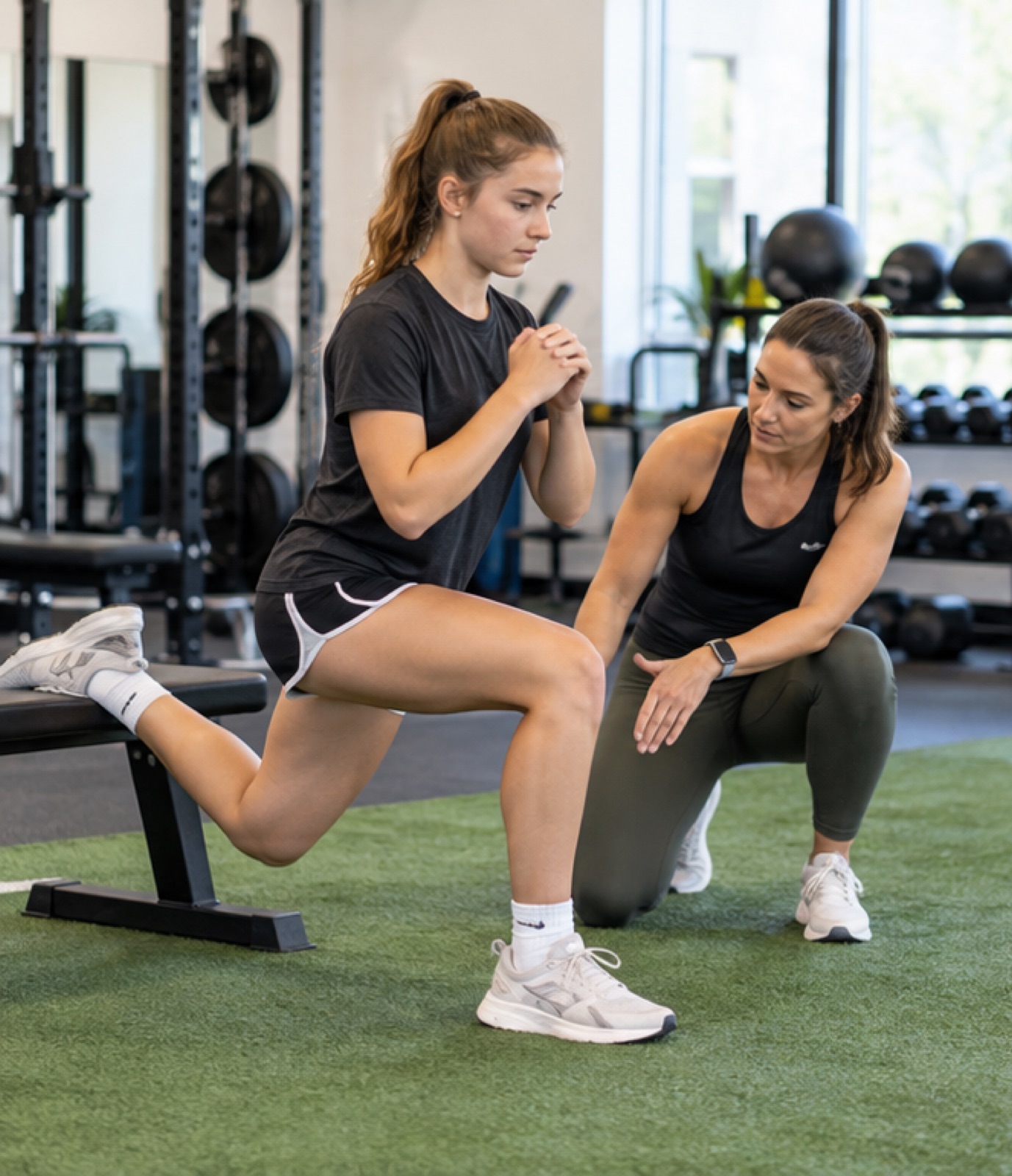 ACL surgery recovery exercises: a coach guides a controlled split squat.