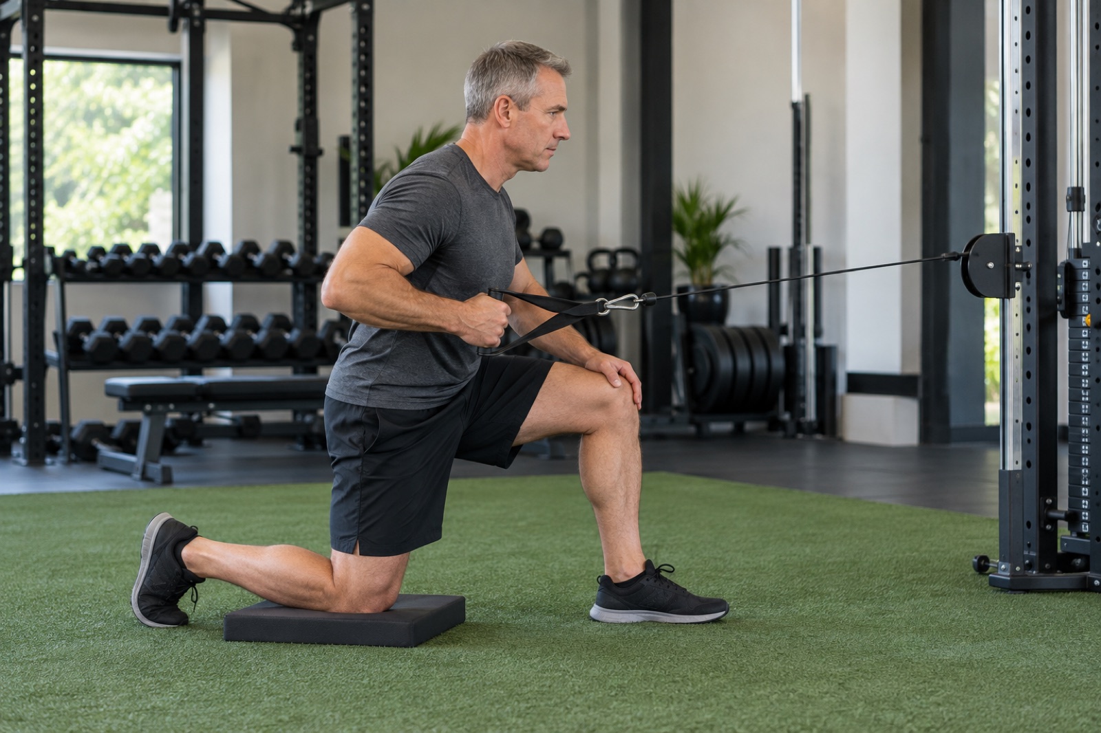 Half-kneeling cable row for personal training for neck pain coaching.