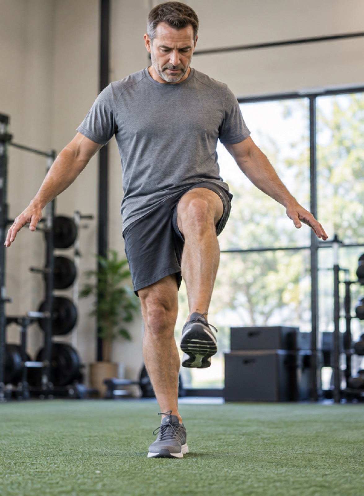 Single-leg balance drill in the gym for plantar fasciitis exercises coaching.