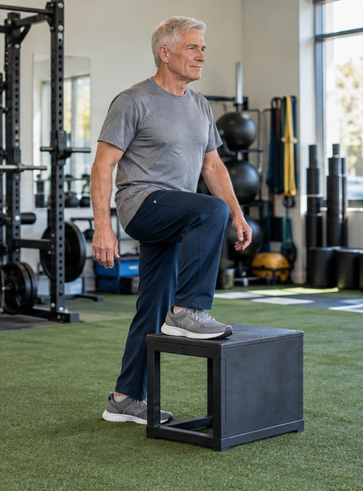 Controlled step-up onto a low box for personal training for hip pain coaching.