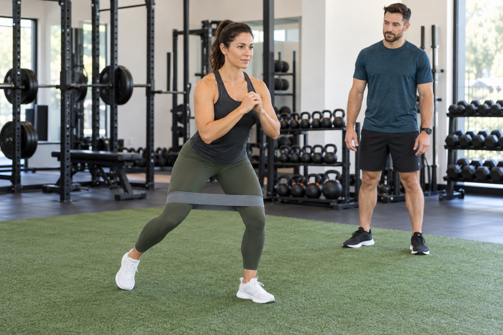 Coach observes a banded hip exercise for personal training for hip pain coaching.
