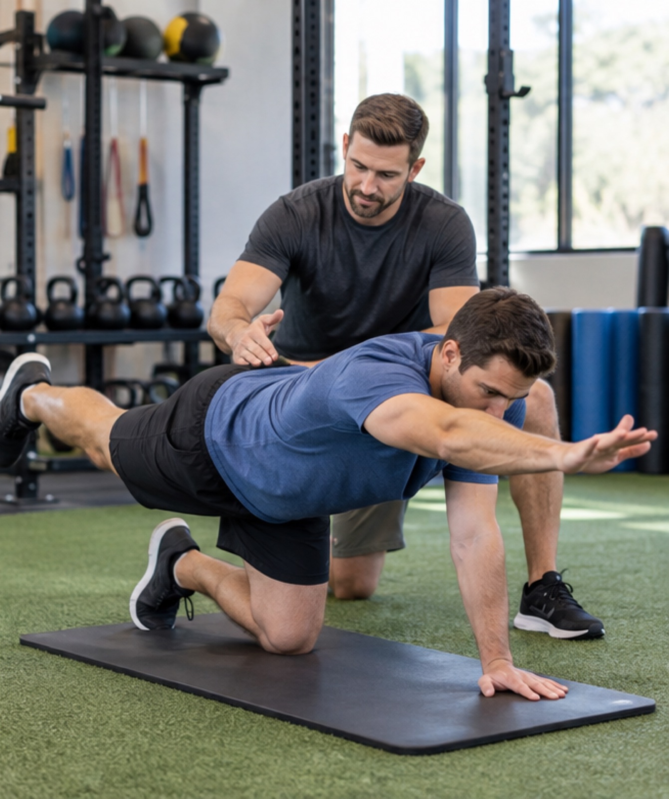 Personal training for sciatica: a coach guides a bird-dog exercise.