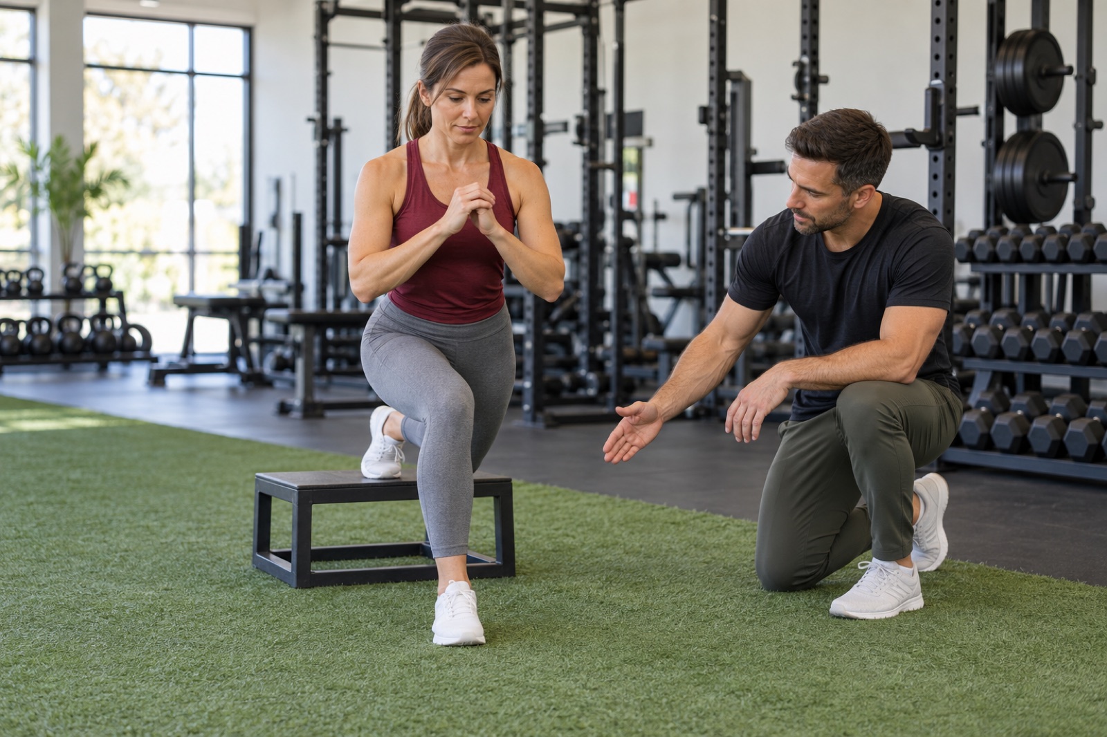 Coach observes a controlled step-down for ACL surgery recovery exercises coaching.
