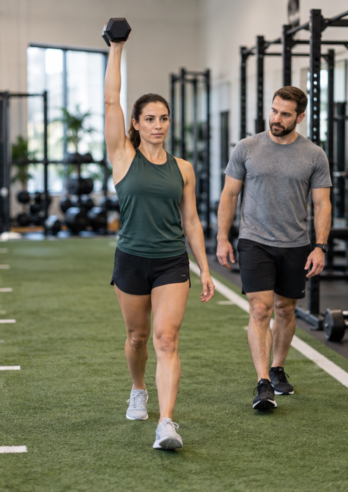Coach observes a controlled overhead carry for exercise after rotator cuff injury coaching.