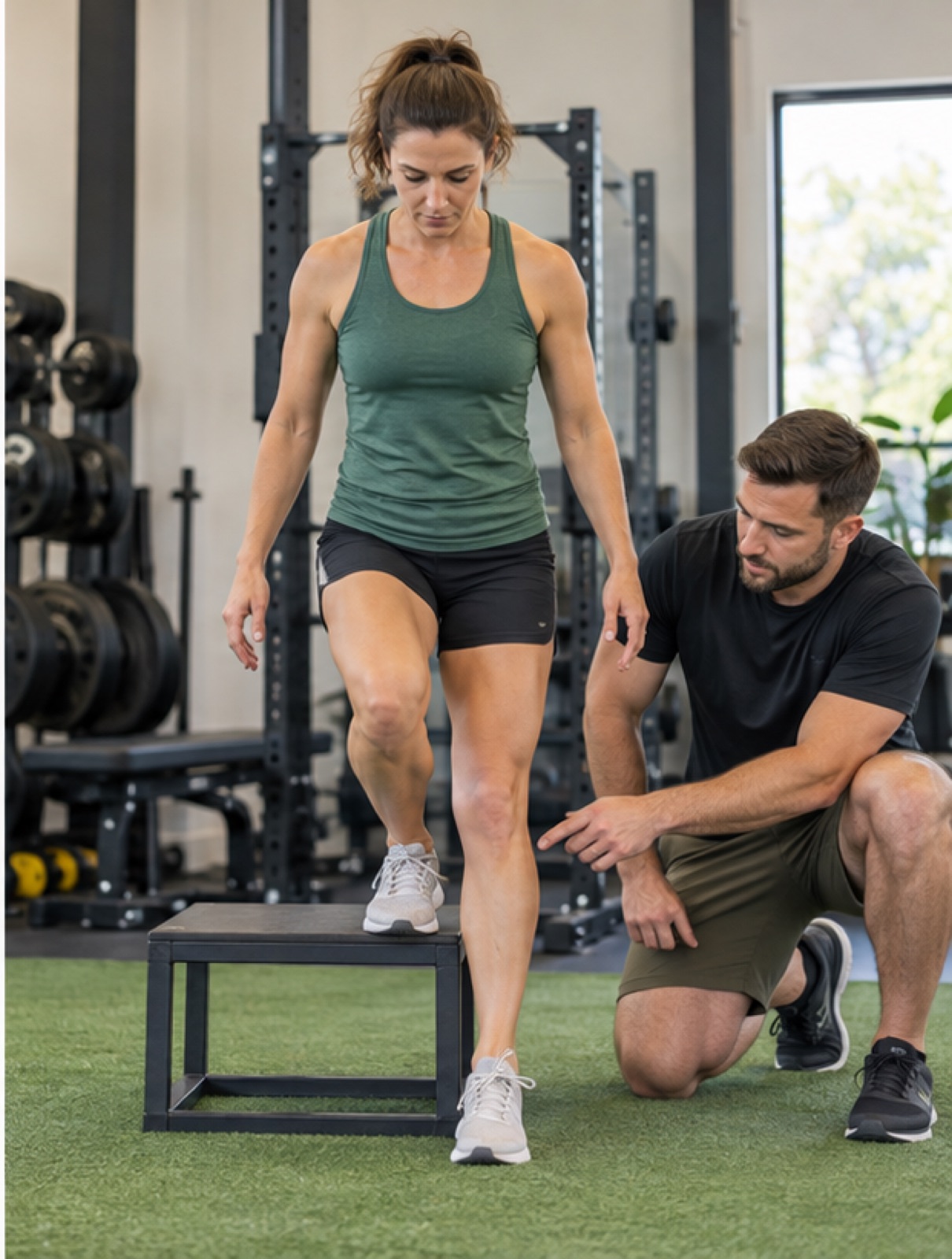 Coach cues a controlled step-down for plantar fasciitis exercises coaching.