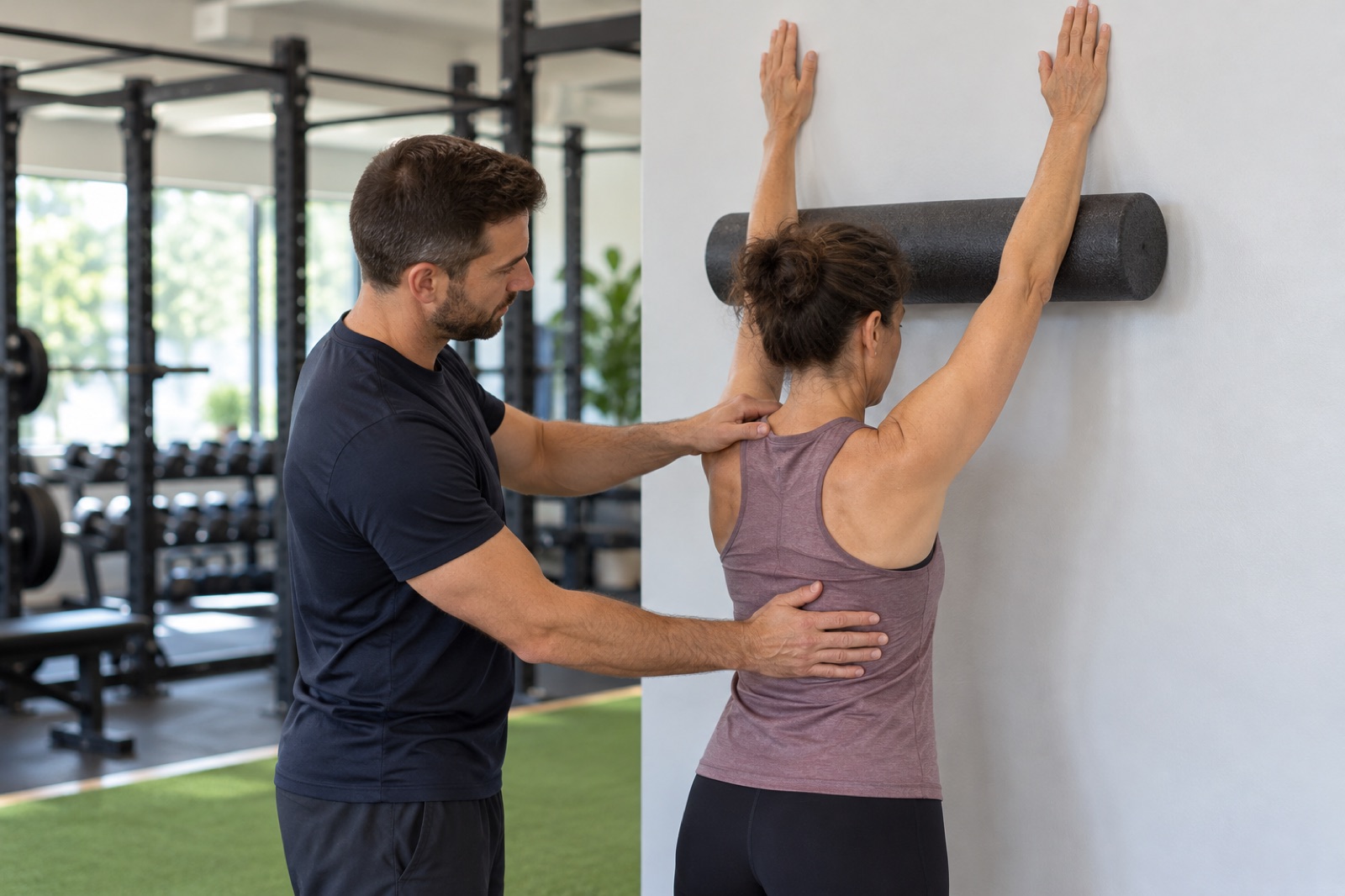 Coach guides a supported overhead wall reach for personal training for neck pain coaching.