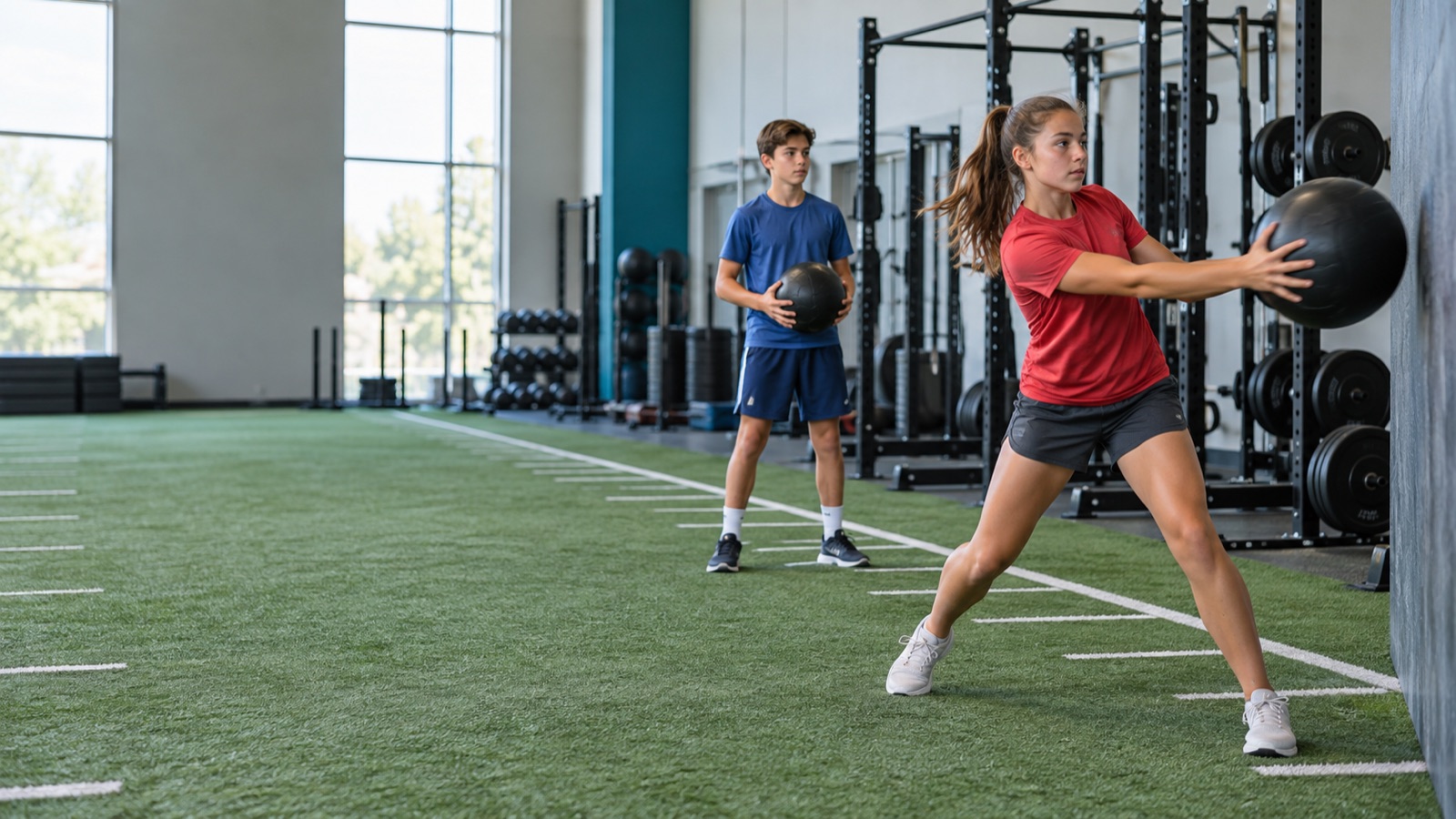 A teenage girl practicing a medicine-ball wall throw while a boy waits with another ball