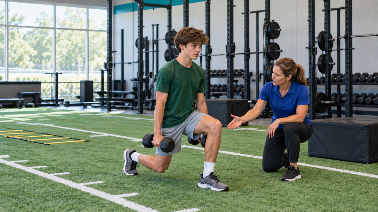 Personal trainer coaching a teenage boy performing a dumbbell split squat