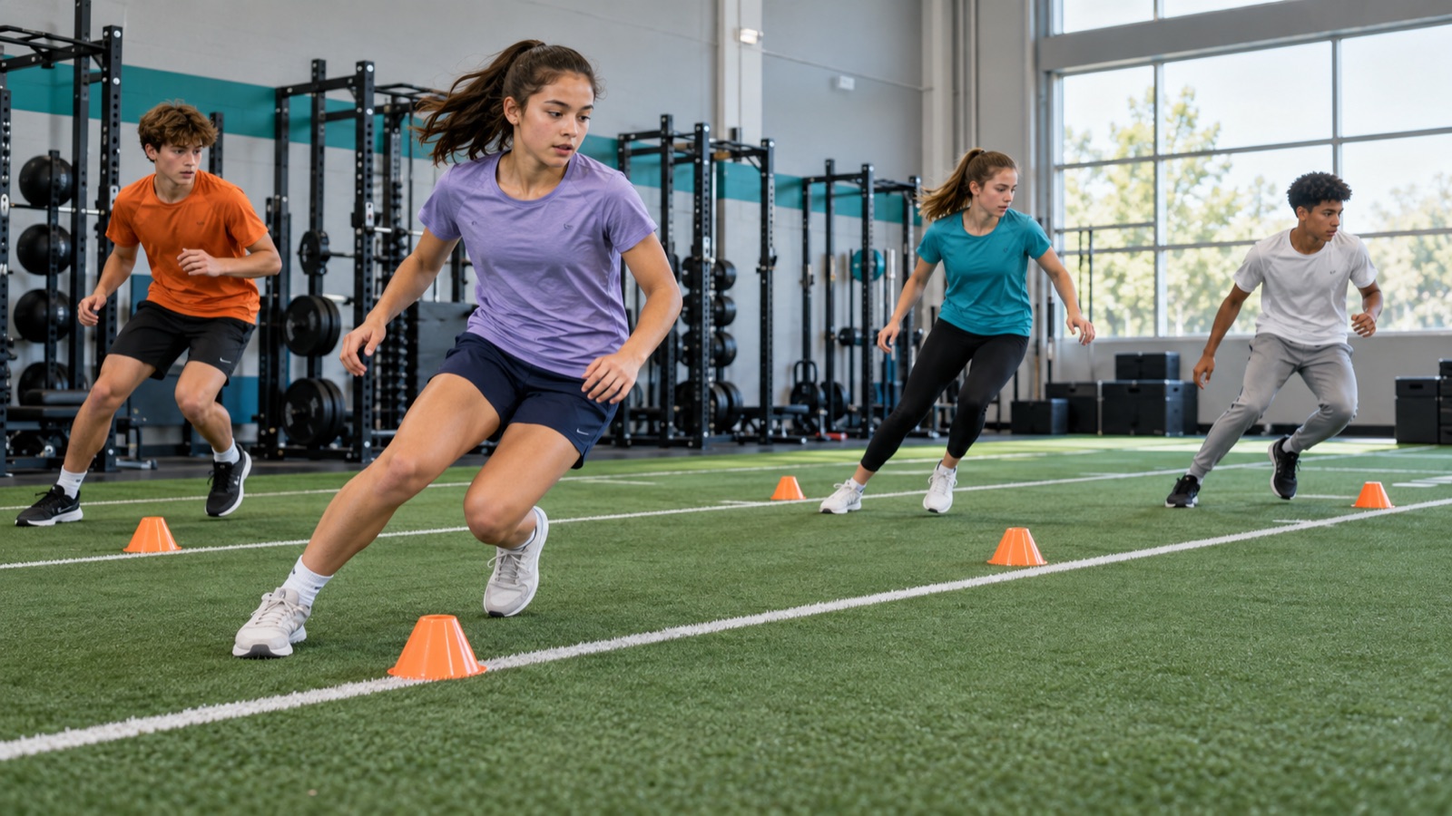 Four teenage athletes practicing changes of direction around cones on turf