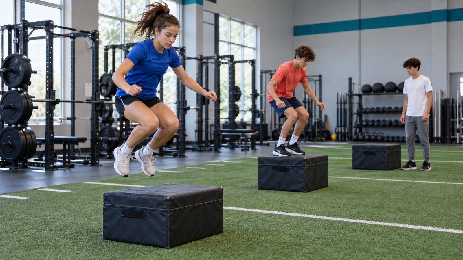 Three teenage athletes practicing jumps and landings at low padded boxes