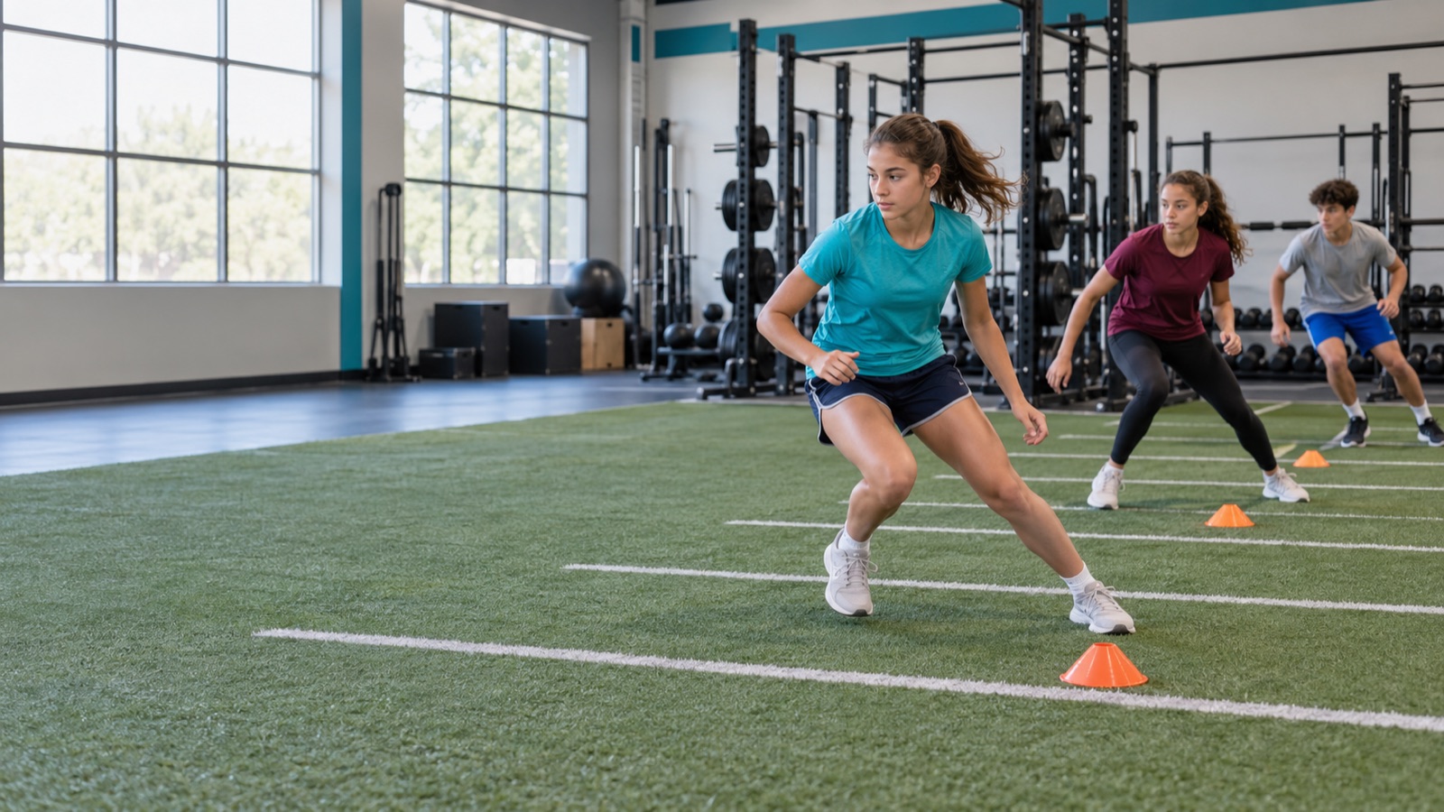 Three teenage athletes practicing low lateral agility movements between cones