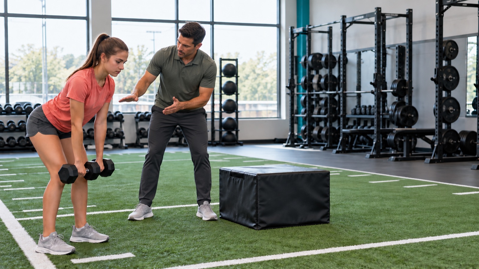 Personal trainer observing a teenage girl performing a dumbbell hip hinge