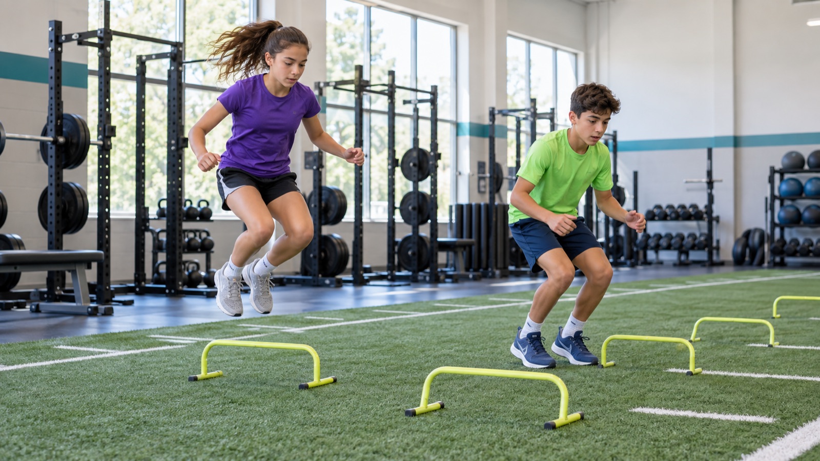 A teenage girl and boy practicing low hurdle jumps in separate turf lanes