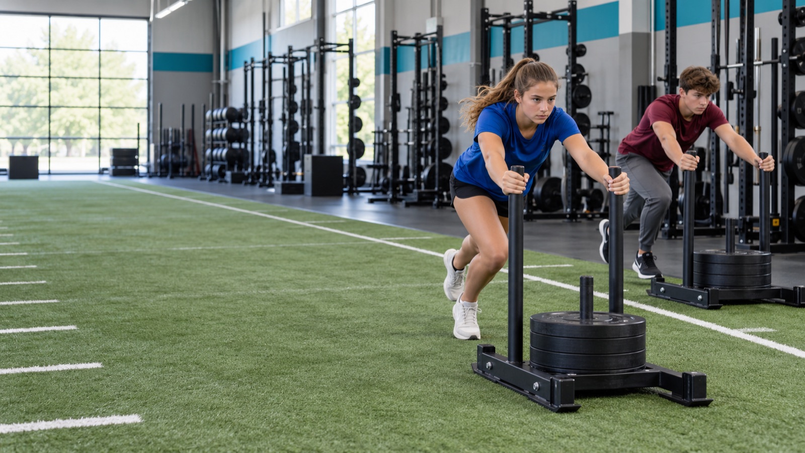A teenage girl and boy pushing training sleds along separate turf lanes