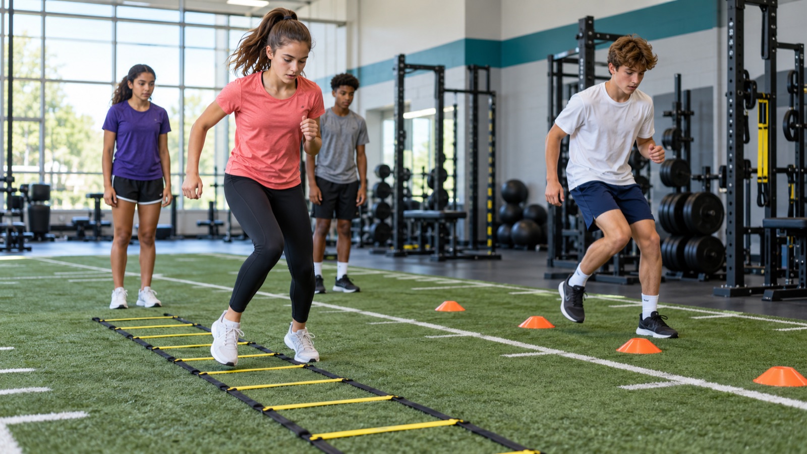 Four teenage athletes at an agility station with a flat ladder and orange cones