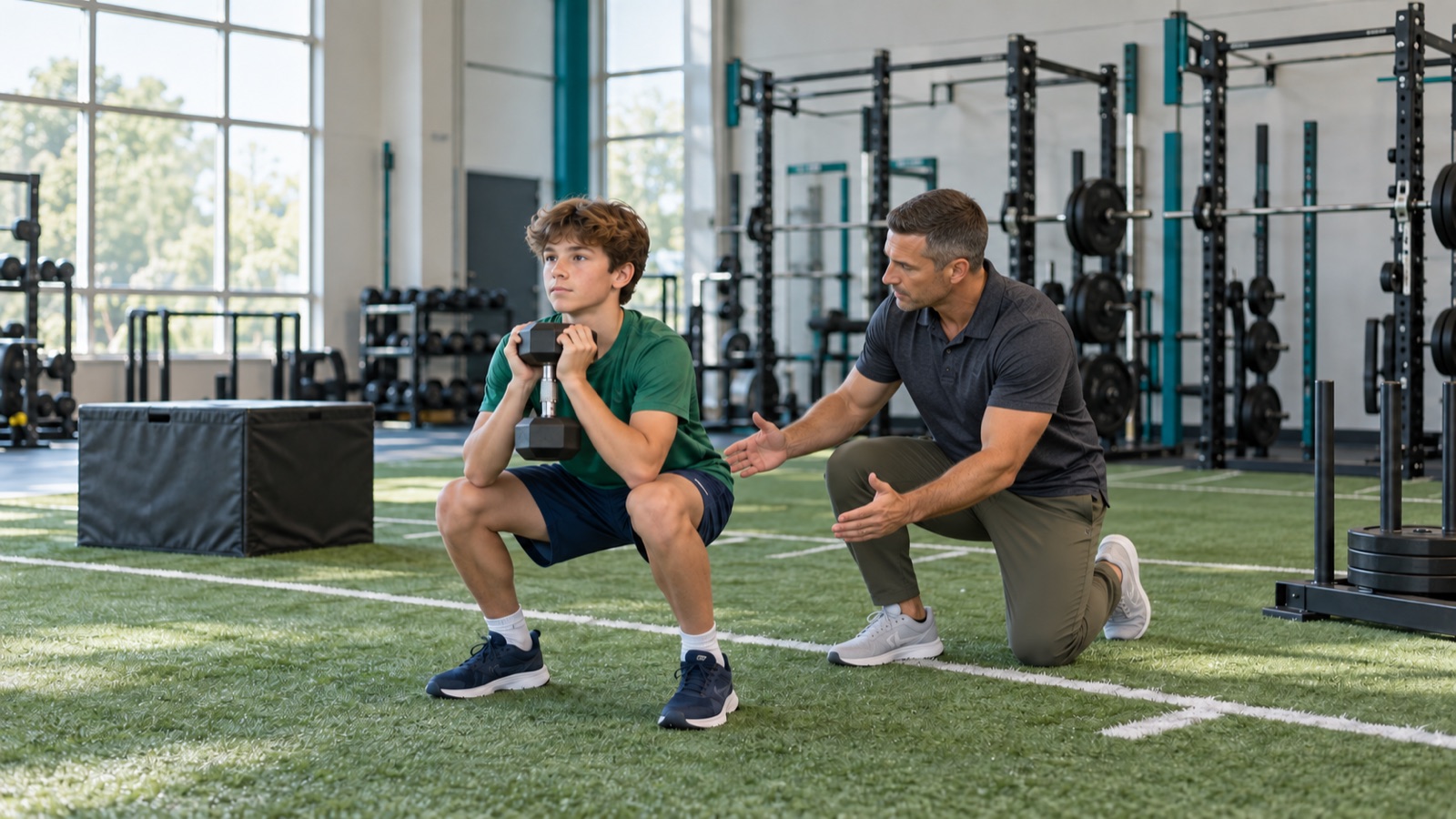 Personal trainer coaching a teenage boy through a dumbbell goblet squat
