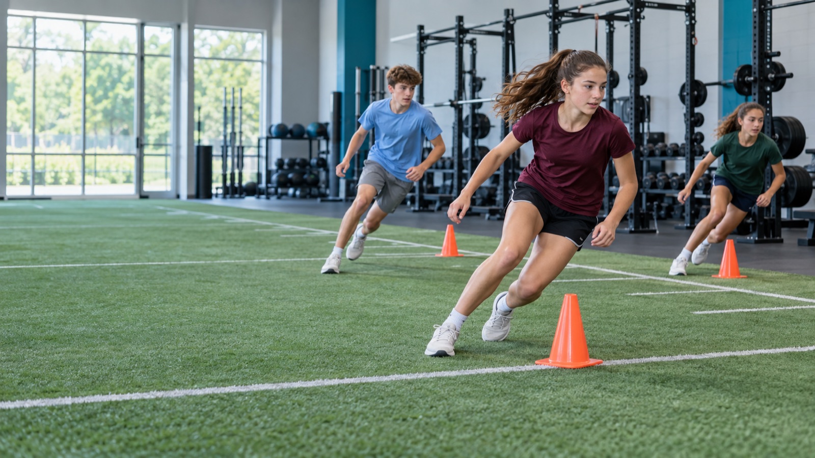 Three teenage athletes practicing changes of direction around cones on turf