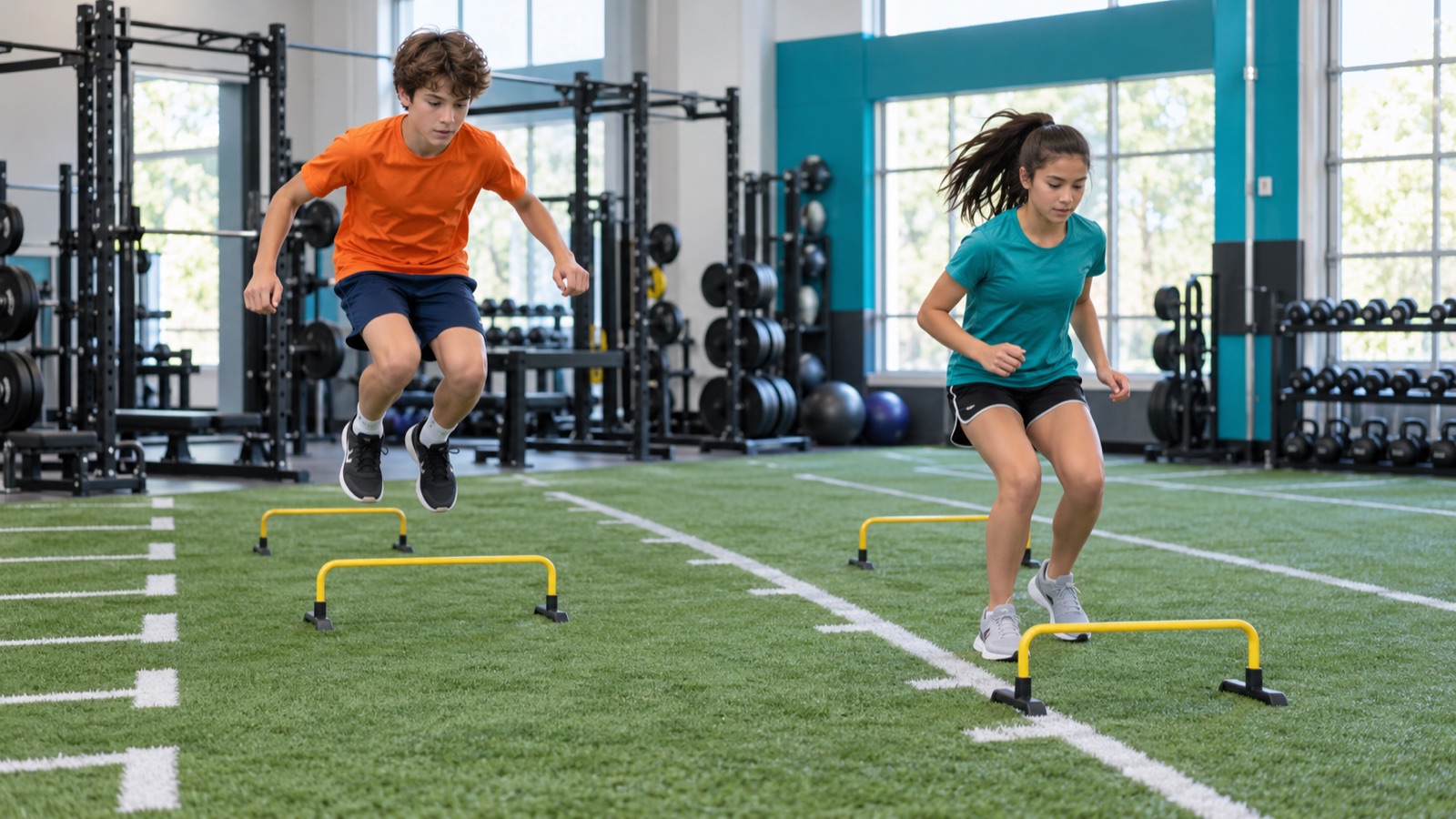 A teenage boy and girl practicing jumps over low hurdles in separate turf lanes