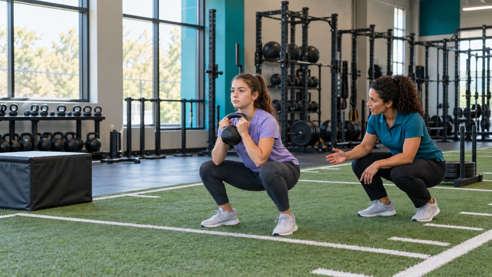 Personal trainer coaching a teenage girl through a kettlebell goblet squat