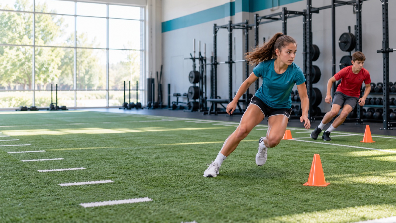 A teenage girl and boy practicing lateral cuts around orange cones