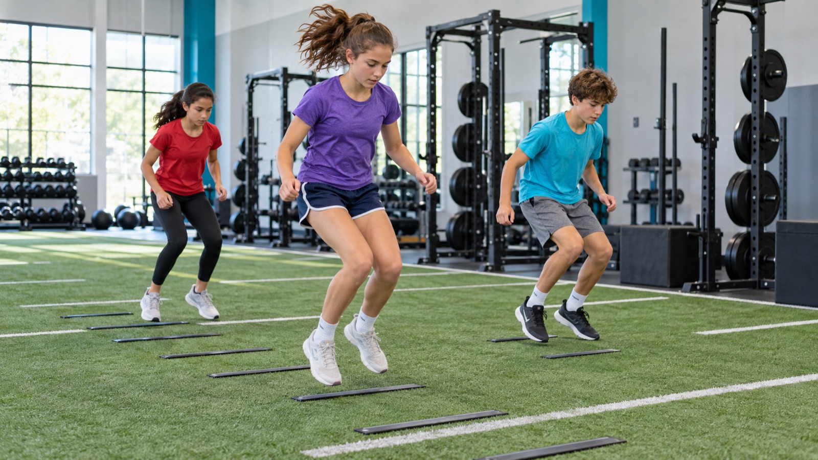 Three teenage athletes practicing two-foot jumps over flat markers on turf
