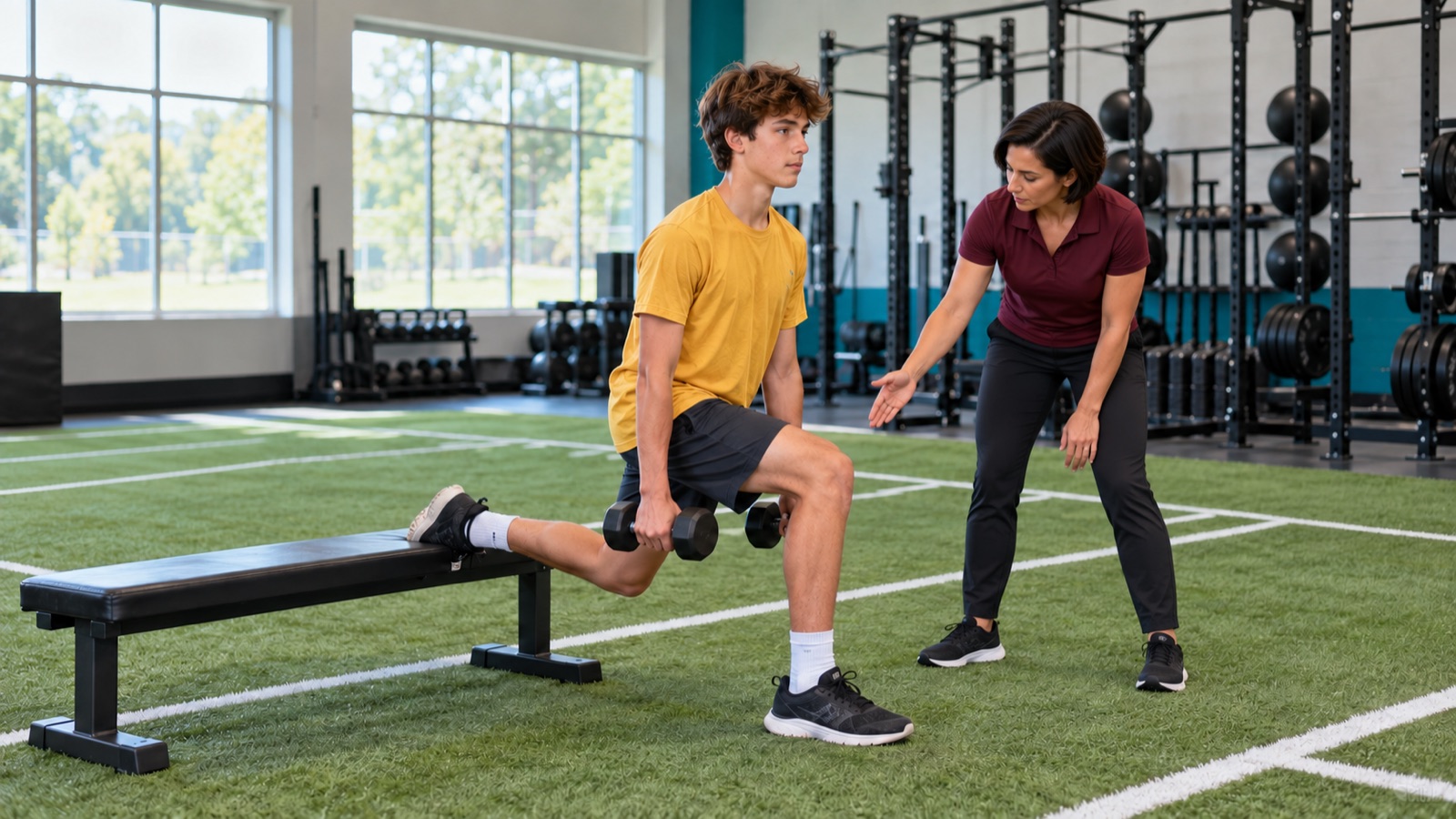Personal trainer observing a teenage boy performing a rear-foot elevated split squat with dumbbells
