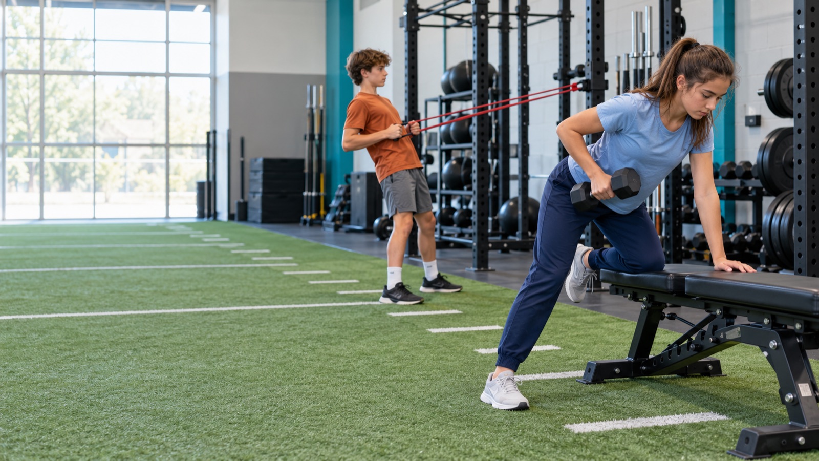 A teenage girl performing a bench-supported dumbbell row while a boy performs a resistance-band row
