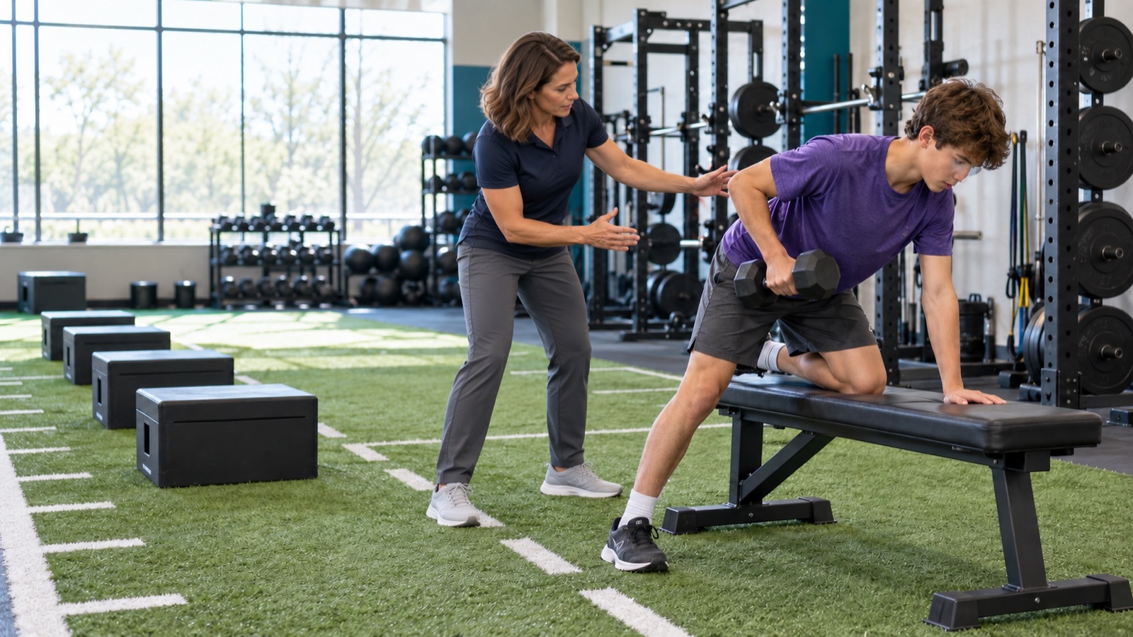 Personal trainer coaching a teenage boy through a bench-supported dumbbell row