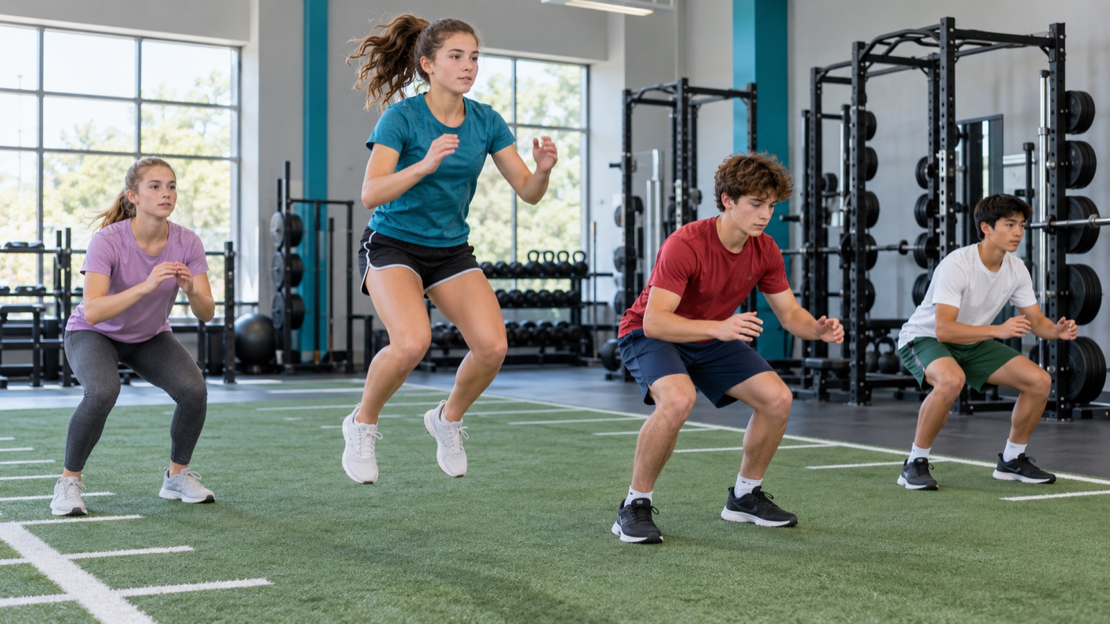 Four teenage athletes practicing bodyweight squat jumps and landings on turf
