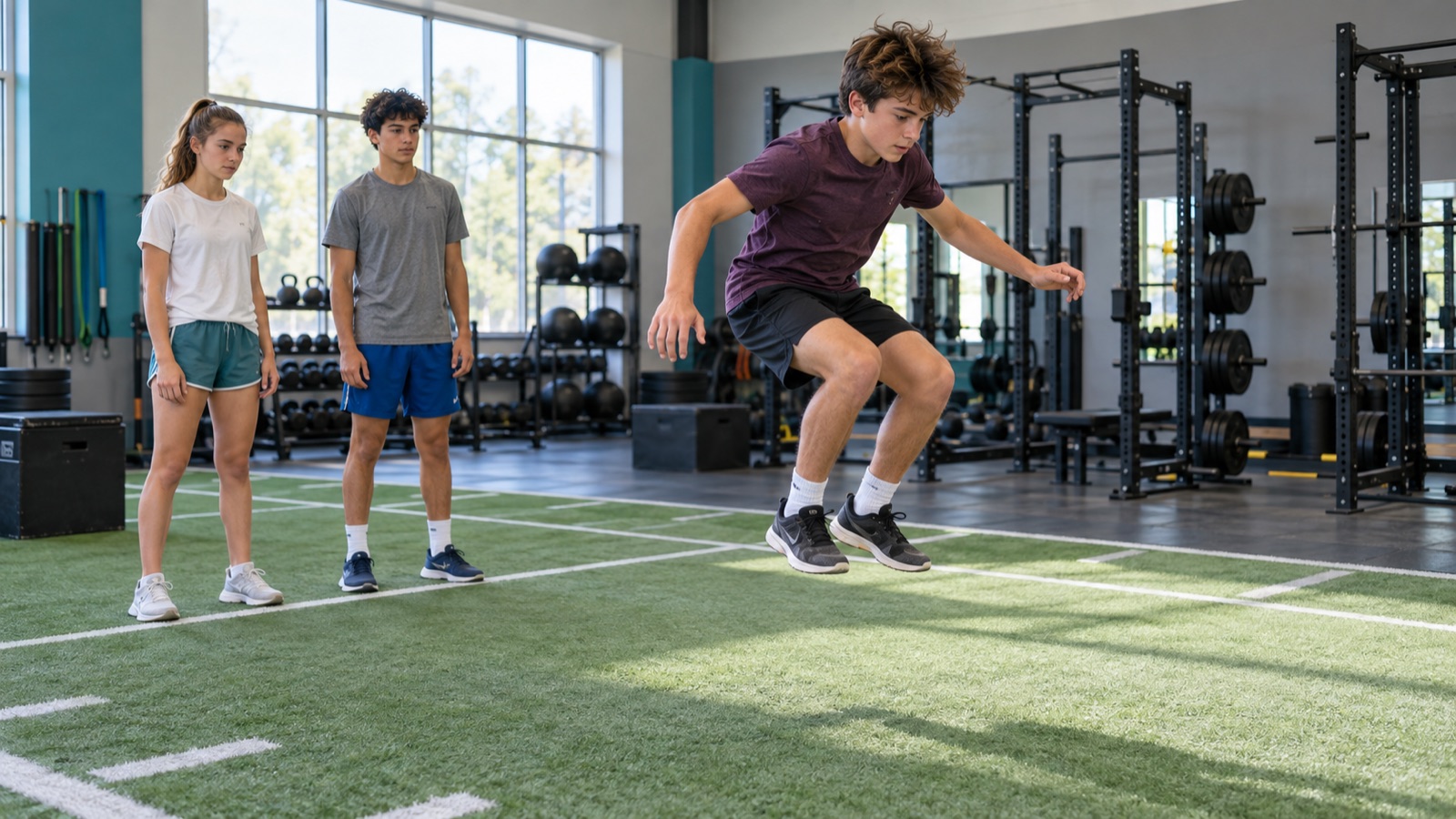 A teenage boy performing a broad jump while two teammates watch from behind the start line