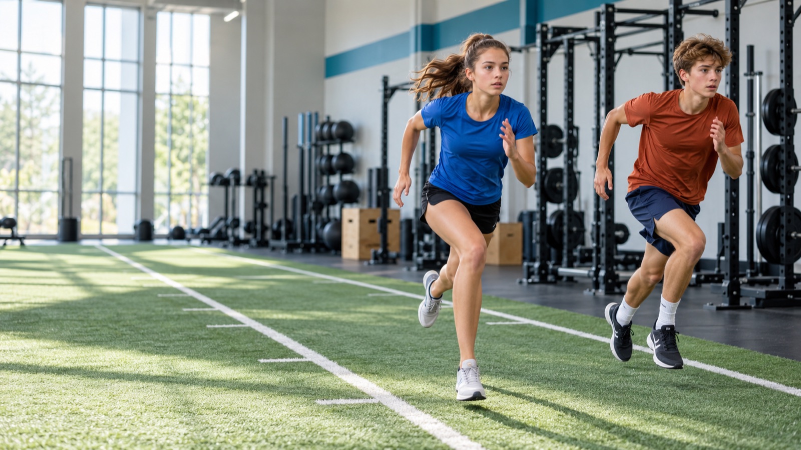 A teenage girl and boy sprinting along parallel indoor turf lanes
