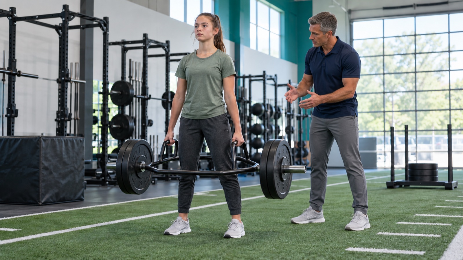 Personal trainer observing a teenage girl at lockout of a trap-bar deadlift